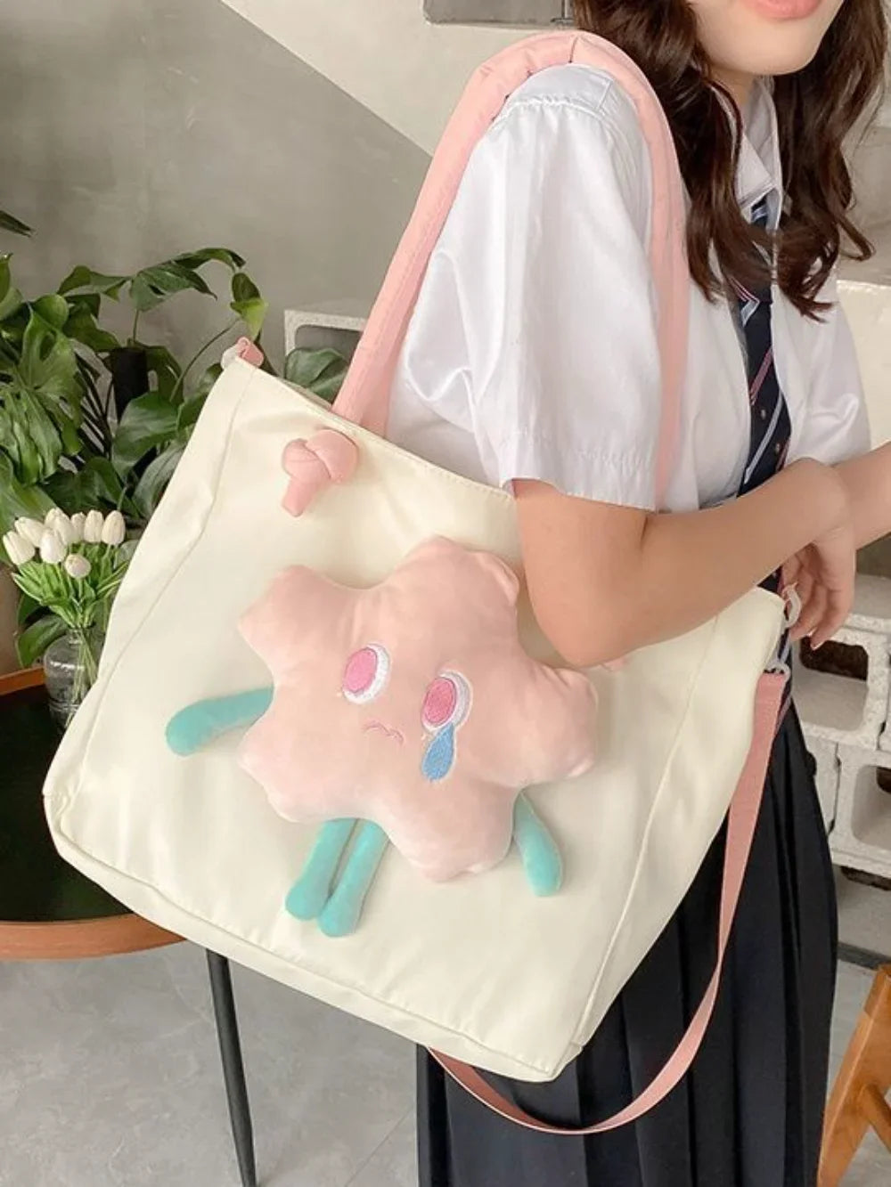 Kylethomasw New Fashion Cute Tote Bag Korean High Capacity Star Patchwork Canvas Shoulder Bag Y2k Grunge Shopping Bag Women Handbag