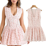 KYLETHOMASW  -  French Elegant Pink Floral Lace Embroidery V-neck Cotton Sleeveless Dress For Women Slim Fit Mini Party Dresses Vestido