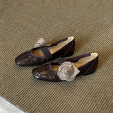 KYLETHOMASW  -  Women's Brown Leather Mary Jane Flats Square Toe Elastic Strap Flower Decoration  Casual Shoes Stylish Spring/Summer Footwear