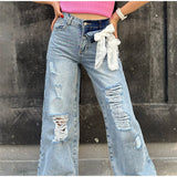 KYLETHOMASW  -  Y2k Bow Lace Ripped Holes Woman's Denim Pants Baggy Wide Leg Jeans Dragging Hollow Out Fashion Chic Casual High Street Pants