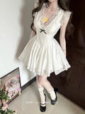 KYLETHOMASW  -  French First Love Dress Women Summer White Lace Short Dress Puff Sleeve Hollow-Out Floral Embroidery A-Line Flared Skirt Y2K