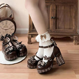 KYLETHOMASW  -  Sweet Girls Lolita High Heels Platform Shoes ,Young Women Students Cute Chocolate Candy Bowknots Ankle Strap Mary Janes