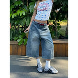 KYLETHOMASW  -  Women High-Waisted Washed Wide-Leg Denim Shorts Blue Gothic Y2K Harajuku Style Retro 2000s Jean Seven-Foot Clothes Summer
