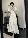KYLETHOMASW  -  White V-neck Lace Up Short Sleeved Dress Women Summer New Lotus Leaf Edge Waist Cinching Slim Temperament Long Dresses