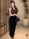 KYLETHOMASW  -  Woman Dress Sexy Halter V Neck Lace Patchwork Elegant Slim Summer Fashion Temperament Party Dresses Backless Club