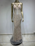 Kylethomasw Women Summer Sexy V Neck Pearl Beading Beige Maxi Long Bodycon Gowns Dress 2024 Elegant Evening Party Club Dress Vestido