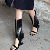 KYLETHOMASW  -  Europe and America Women Black Leather Cutout Mid Calf Sandal Boots Square Open Toe Single Strap Wedge Heel Slip On Tall Booties