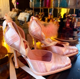 KYLETHOMASW  -  Romantic Ballerina Style Design Blush Satin Stiletto Heel Ballet Heels Long Ribbon Tie Wrapped Strap Design Elegant High Heels