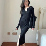 KYLETHOMASW  -  Autumn New Kniting Bodycon Midi Dresses For Women Long Sleeve Solid Color Elegant Office Ladies Single Breasted Slit Dress K658