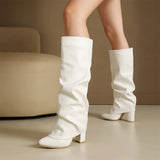KYLETHOMASW  -  Women's Fold Over Pleated Stack Boots Pointed Toe Chunky High Heel Knee High Boots Plus Size 48 Available Party Club Daily Shoes