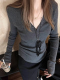 KYLETHOMASW  -  Y2k Slim V Neck Long Sleeve Single Breasted Solid All Match Knitted Women Clothing
