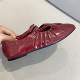 KYLETHOMASW  -  Pleated Mary Janes Flats Shoes Women Square Toe Pu Leather Comfortable Elegant Red Shoes Ladies Shallow Black Ballet Flats New