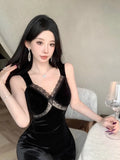 KYLETHOMASW  -  Cocktail Dresses Women Sexy V Neck Lace Patchwork Sleeveless Slim Vintage Velvet Evening Dress Birthday Party Ladies