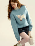 Kylethomasw Blue Sheep Pattern Ribbed Sweater Bow Graphic Long Sleeve Knitwear Oversized Korean Fashion Winter Cutecore Pullovers