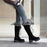 KYLETHOMASW  -  Lace-up Winter Shoes Women Snow Boots Real Fur Boots Women Knee High Suede Thick Heel Warm Outdoor with Zip Big Size 43