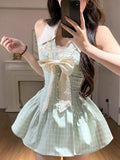 KYLETHOMASW  -  French Elegant Retro Plaid Women Dress Bow Lace Patchwork Sweet Slim Party Fluffy Dresses New Harajuku Lovely Outfit Summer