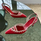 KYLETHOMASW  -  Red White Two-Tone Pointed Toe Slingback Heels Intricate Braided Trim Stiletto Heel Hollow Design Elegant Footwear for Lady
