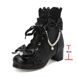 KYLETHOMASW  -   Women Lolita Ankle Short Boots Round Toe Kawaii Thick Mid Heels Zipper Bead Bow Lace-up Lady Cosplay Shoes Autumn Winter