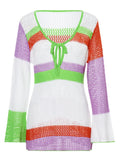 KYLETHOMASW  -  Women Knit Dress Long Sleeve V Neck Hollow Out Mini Dress Summer Fall Bohemian Beach Dresses Y2K See through Cover-ups