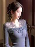 KYLETHOMASW  -  Lace Splicing Knitted Sweater Unique Beautiful Maturi Winter Faion Commute Sle Slim Fit Long Sve  Color
