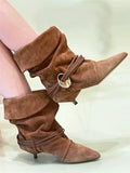 KYLETHOMASW  -  Metal Embellished Nubuck Ankle Boots Women Elegant Kitten-heel Modern Boots Warm Sexy Pointed Toe Western Cowboy Boots Brown