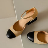KYLETHOMASW  -  Women Sheepskin Leather Pumps Pearls Chunky Heels Shoes Brand Designer Two Tone Buckle Pumps Wedding Party Dressy Shoes