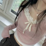 Kylethomasw Sweet Pink Korean Style Slim-fit Knitted Tops Coquette Contrast Color Patchwork Cropped Top Aesthetic Long Sleeve Tops