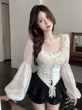 KYLETHOMASW  -    Sexy Shirts Women Korean Fashion Lace Shirt 2024 Spring New Lantern Sleeve Slim Waist Irregular Short Camisas De Mujer