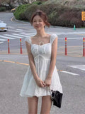 KYLETHOMASW  -  2025 New Korean Chic Summer Gentle Temperament Square Neck Cross Tie Waist Slimming Sleeveless Cake Vest Dress Women