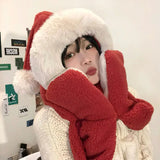 KYLETHOMASW  -    Red Christmas Gift Hat Scarf All in One Women Winter Hats Cute Plush Warm Ear Protection Neck Scarf Hat & Glove Sets 3PCS