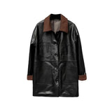 Kylethomasw Vintage Leather Jackets for Women Corduroy Lapel Collar Cardigan Button Up  Long Coat Autumn Winter Oversize Clothes New