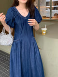KYLETHOMASW  -  Women Dress Korean Chic Summer Retro Temperament V-neck Pleated Waist Slim Double Pocket Bubble Sleeve Denim Vestidos