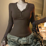 KYLETHOMASW  -  American style basic lace half open collar button chest revealing base top brown ribbed simple slim fit versatile T-shirt