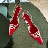KYLETHOMASW  -  Red White Two-Tone Pointed Toe Slingback Heels Intricate Braided Trim Stiletto Heel Hollow Design Elegant Footwear for Lady