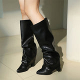 KYLETHOMASW  -  Women's Fold Over Pleated Stack Boots Pointed Toe Chunky High Heel Knee High Boots Plus Size 48 Available Party Club Daily Shoes