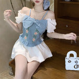 KYLETHOMASW  -  New Heavy-industrial Denim Design Three-dimensional Embroidered Sweet Suspender Slim Top
