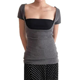 KYLETHOMASW  -  Fake two square neckline slimming short sleeved T-shirt with spicy girl temperament, backless and waist cinching bottom top
