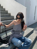 KYLETHOMASW  -  Korea Chic Moda Irregular Skew Collar Vest Plaid Lace Up Off Shoulder Sling Camis New Elegant Ball Gown Slim Waist Tees