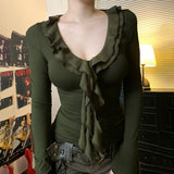 KYLETHOMASW  -  American Vintage Ruffles V-neck Long Sleeve Tshirts Solid Slim Fit Casual Pullover Tee Spring New Y2k Aesthetic Ropa Mujer