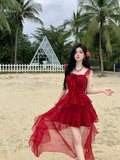 KYLETHOMASW  -  New Summer Vacation White Dress Irregular Hem Heavy Embroidery Fairy Tale Women's Dress Square Collar Fly Sleeve Beach Dress
