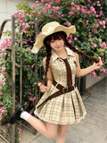 KYLETHOMASW  -  Sweet Vintage Lolita Plaid Mini Dress Women Bowknot Heart Button Lace Trim High Waist Pleated Skirt Kawaii Japanese Daily Outfit