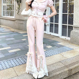 KYLETHOMASW  -  Pink Sweet Lolita Pants Women Vintage Kawaii Bow Lace Ruffles Flared Pants Evening Party Retro Elegant Casual Fairy Trousers Y2k