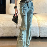 KYLETHOMASW  -  Retro Design Jeans Spliced Furry Women 2024 Autumn Winter New Niche Slim Pocket Straight Trousers