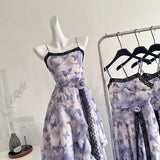 KYLETHOMASW  -  Sweet Butterfly Printed Irregular Rose Waist Slimming Strap Camisole Dress Summer Retro A-line Long Dress for Women