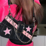 Kylethomasw Denim Bag Cool Dark Pink Star Metal Chain Fashion Harajuku Style Women's Bag Underarm Bag Tote Bag Purses Handbags Baguett