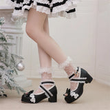 KYLETHOMASW  -  Women Lolita Pumps Round Toe Thick Mid Heels Cross Strap Buckle Bow Kawaii Ladies Fashion Cosplay Shoes Winter Beige 46