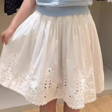 KYLETHOMASW  -  Korean Style Fashion Vintage Elegant Cutout Embroidered White A-Line Midi Skirt Summer Sweet Kawaii Ruffle Mini Skirts for Women