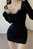 KYLETHOMASW  -  Sweet Hot Girl Retro Fur Patchwork Dress Women's Autumn/Winter Square Collar Ruffled Tight Wrap Hip Dress Fashion Female Clothes