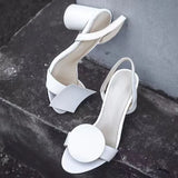 KYLETHOMASW  -  Fashion Asymmetrical Geometric Decor Women Sandals Summer Comfortable Thick High heels White Leather Slingbacks Female Shoes