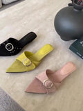 KYLETHOMASW  -  Shoes Woman 2025 Pointed Toe Slippers Summer Rivet Luxury Slides On A Wedge Low Flock Designer Rome Hoof Heels Fabric Rubber Fas
